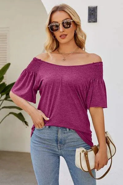 Smocked Round Neck Flutter Sleeve T-Shirt Cerise Women's T-Shirts - Tophatter Daily Deals